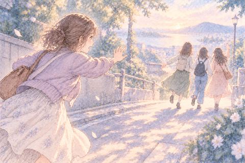 先へ行く友達を焦って追いかける大人の女性