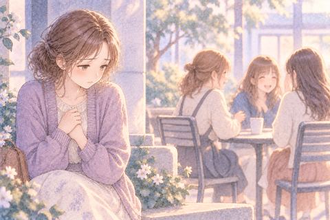 友達の輪の外で悲しそうにうつむく女性