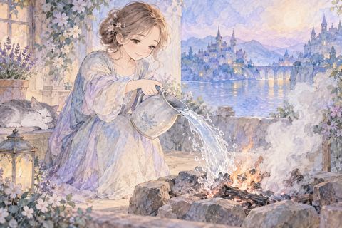 水をかけて炎を消す大人の女性