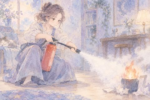 消火器を使って炎を消す大人の女性