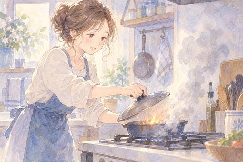 台所の火を落ち着いて消す大人の女性