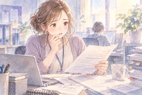 仕事の書類の間違いに気づき戸惑う女性