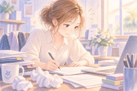 失敗した作業を前向きにやり直す女性