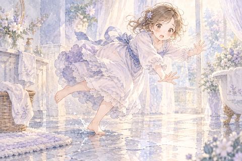 濡れた床で足を滑らせる大人の女性