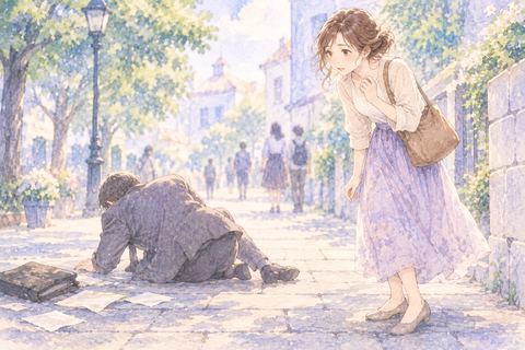 転んだ人を心配そうに見る大人の女性