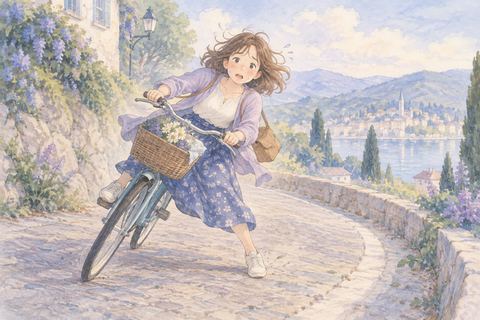 自転車でバランスを崩す大人の女性