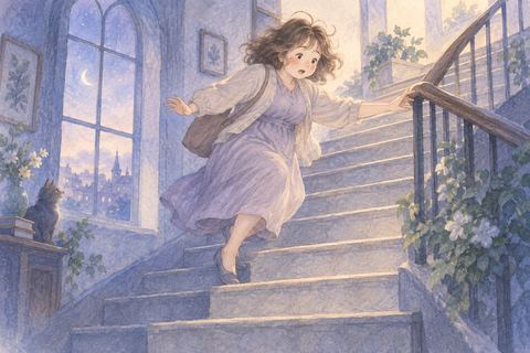 階段の途中でつまずく大人の女性