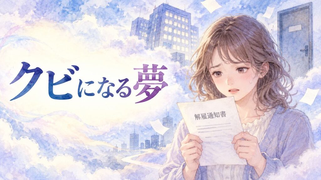 解雇通知を持ち戸惑う女性と、夢のように浮かぶ会社の建物