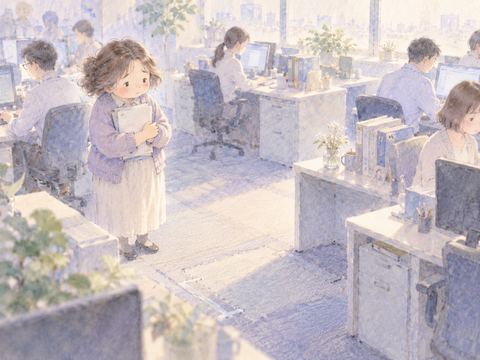 職場で自分の机がなくなり寂しそうに立ち尽くす女性