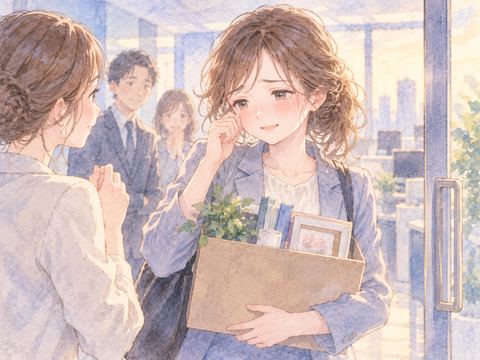会社を去る際に同僚へ別れを告げ涙を流す女性