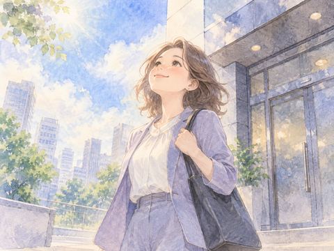 会社を出て肩の力が抜け穏やかに微笑む女性