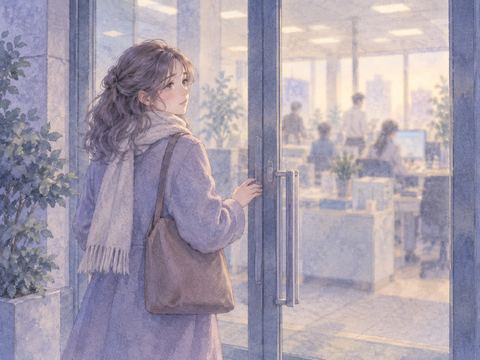 以前の職場の入口で戻ろうか迷い立ち止まる女性