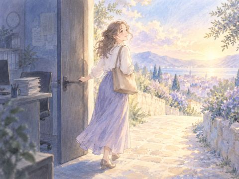 オフィスの扉を出て明るい道を穏やかに見つめる女性