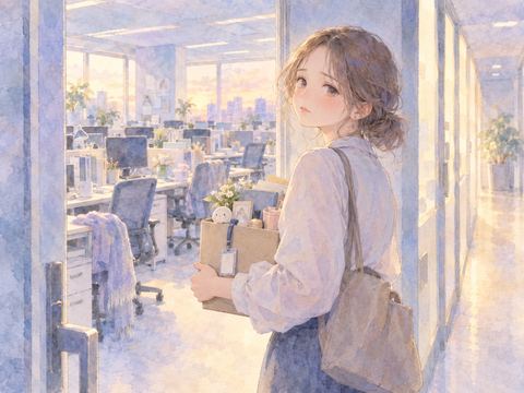 社員証と私物の入った箱を持ち会社を去る女性