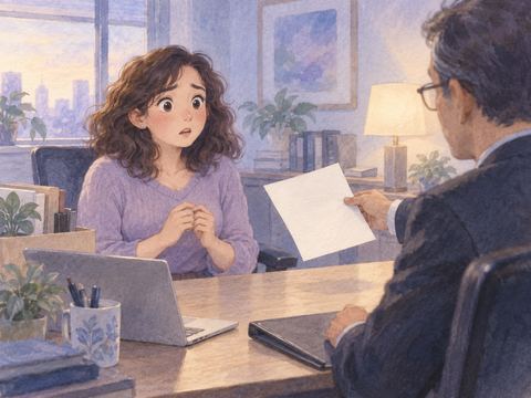 突然差し出された解雇通知に驚くオフィスの女性
