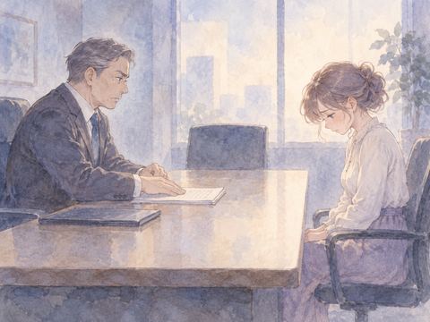 上司と向かい合い解雇を告げられて落ち込む女性