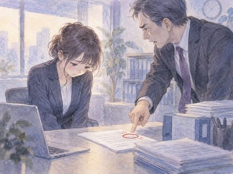 書類のミスを指摘され青ざめて謝る女性