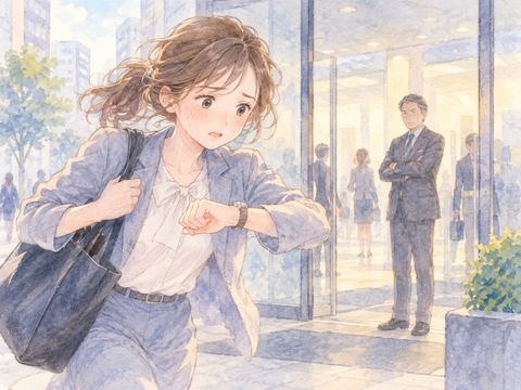 時計を見ながら会社へ急ぎ焦る女性