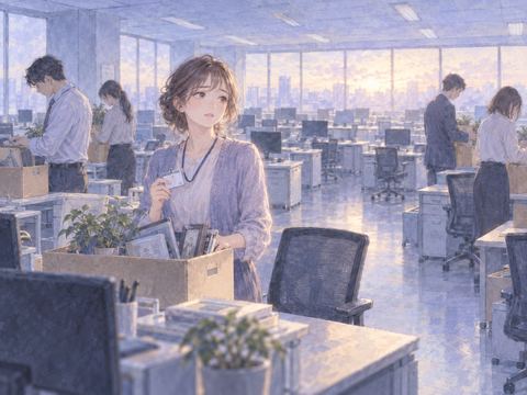 倒産した会社で同僚と荷物をまとめ途方に暮れる女性
