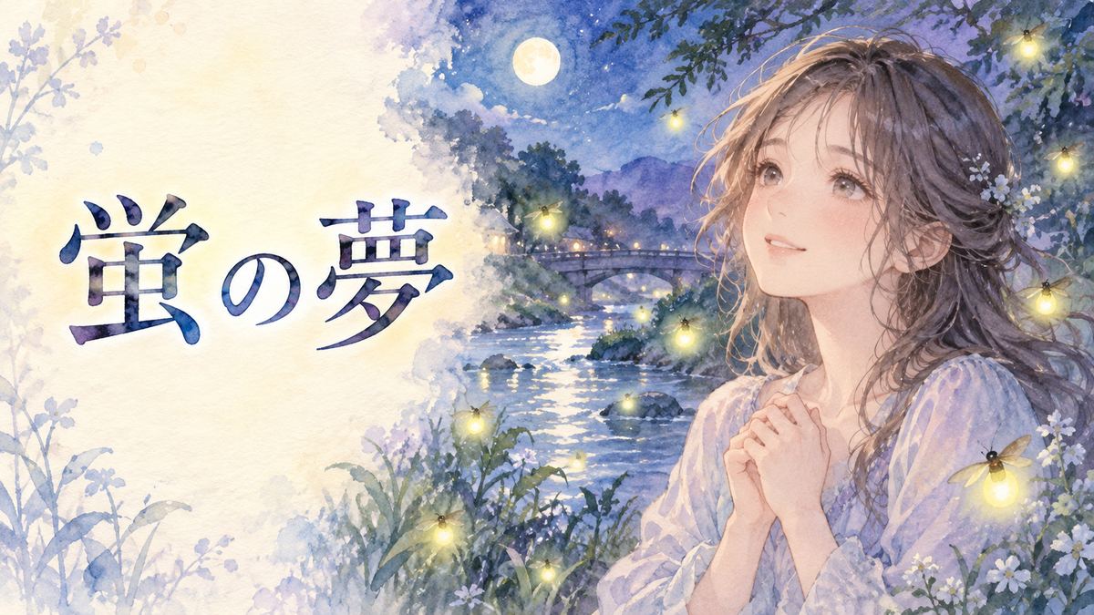 夜の川辺で光る蛍を優しく見つめる大人の女性と「蛍の夢」の文字