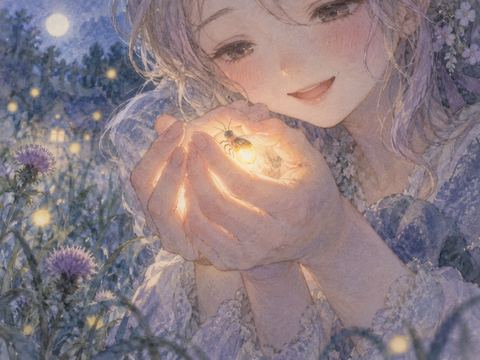 女性の両手に優しく包まれた光る蛍