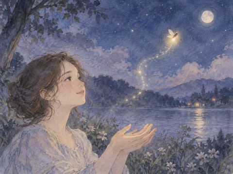 女性の開いた手から蛍が夜空へ飛び立つ様子