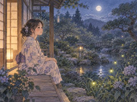 夜の庭の縁側から静かに蛍を眺める女性