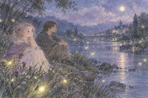 静かな川辺で二人の大人が蛍を眺める様子