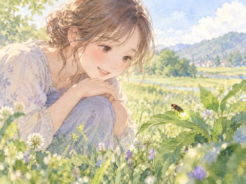 日差しのある草原で葉にとまる蛍を見つける女性