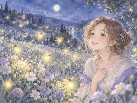 蛍が舞う夜の花畑で感動して微笑む女性