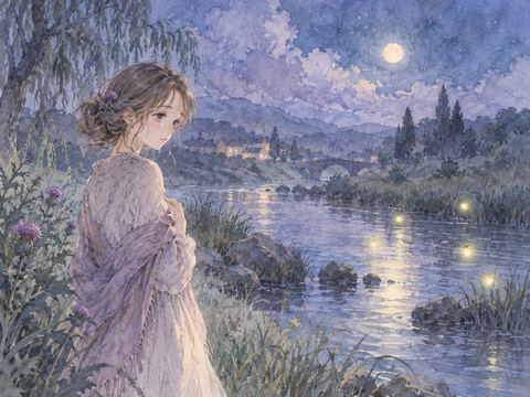 静かな夜の川辺で蛍を見つめ寂しげにたたずむ女性