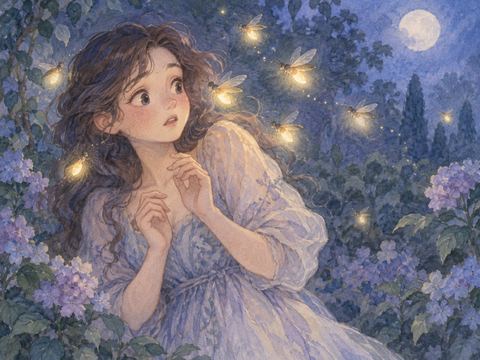 近づく蛍の群れに戸惑い少し身を引く女性