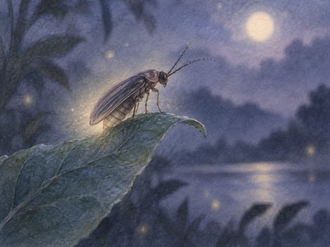 光を失った蛍が夜の葉先にとまっている