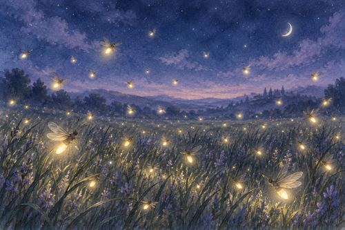 夜の草原でたくさんの蛍が柔らかな光を放ちながら飛び交う
