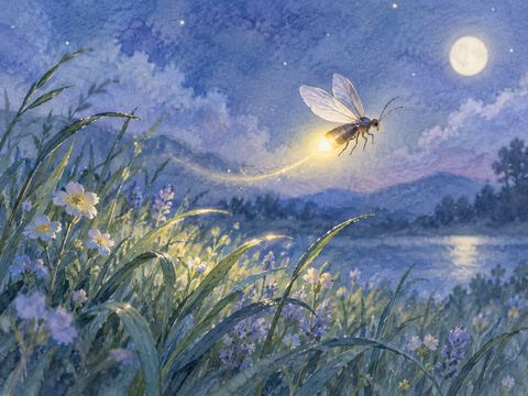 夜の草花の上をゆっくり飛ぶ一匹の蛍