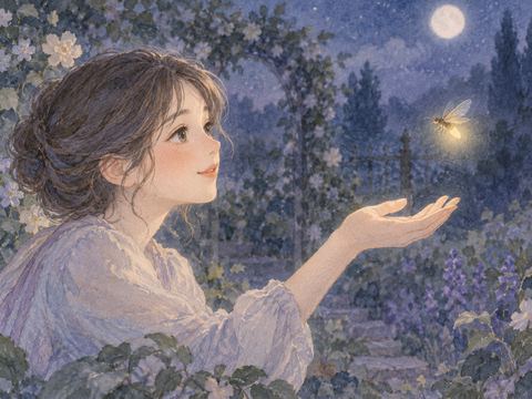 夜の庭で女性の差し出した手に近づく蛍