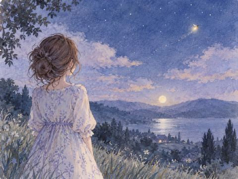 夜空の遠くへ飛んでいく一匹の蛍を見送る女性