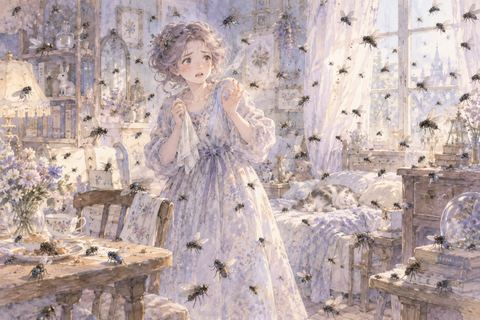 室内に次々と現れる大量のハエを見る女性