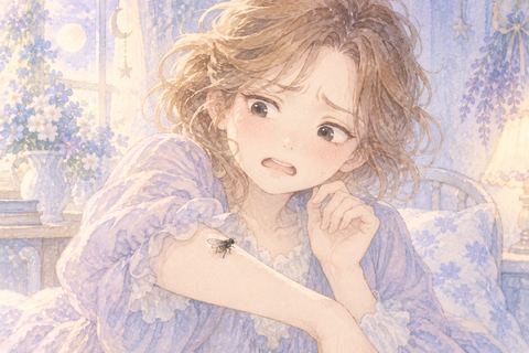 腕に止まったハエを見て戸惑う大人の女性