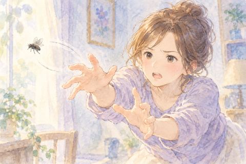 飛ぶハエを捕まえようと両手を伸ばす女性