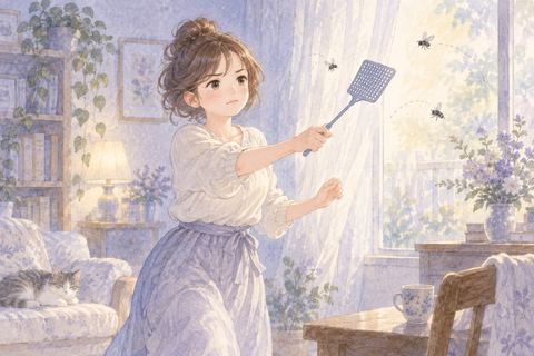 ハエを退治しようと落ち着いて動く女性