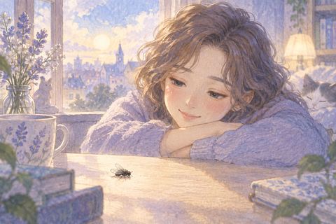 動かないハエを静かに見つめる大人の女性