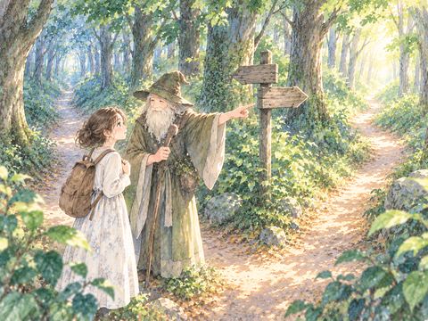 森を抜けて明るい草原と広い空を見つめる女性
