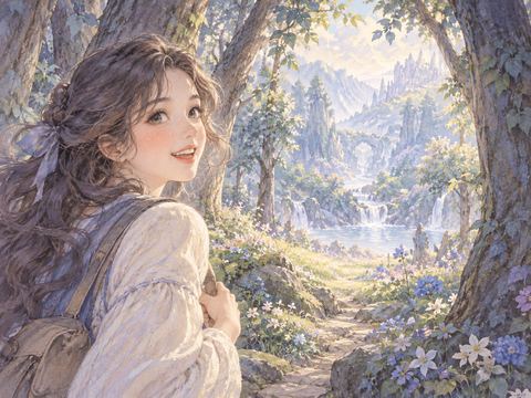 森の奥に広がる景色を見て目を輝かせる女性