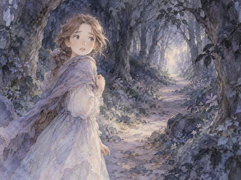 薄暗い森の木々の間で不安そうに周囲を見る女性