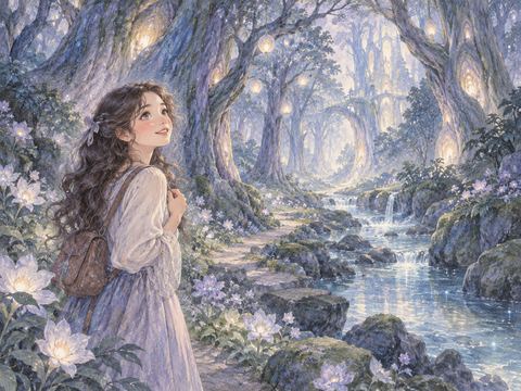 幻想的な光をまとう美しい森に見とれる女性
