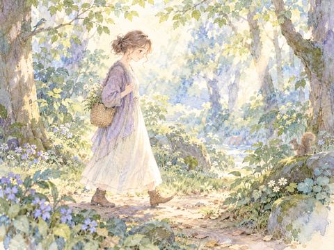 森の小道を景色を眺めながらゆっくり歩く女性