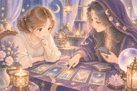 並べられたタロットカードを見る大人の女性