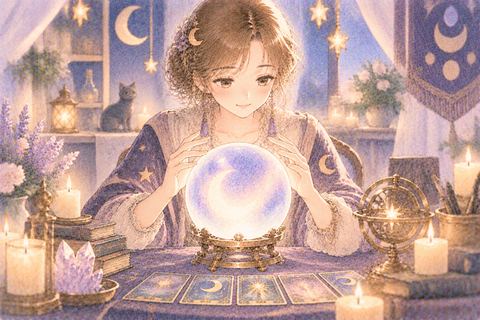 占い師として水晶玉を見る大人の女性