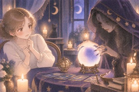 怖い雰囲気の占い師を前に緊張する大人の女性